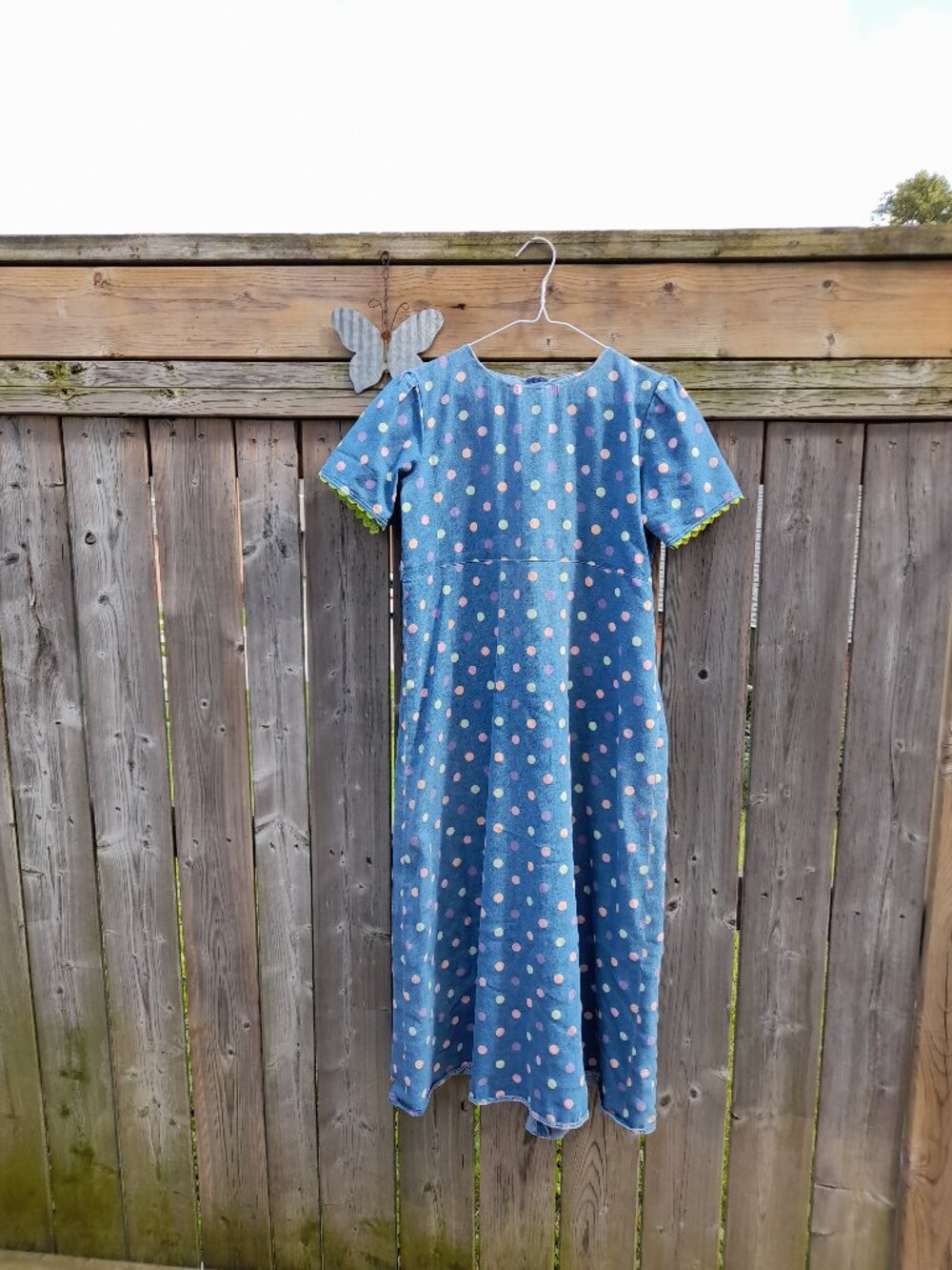 Handmade Polka Dot Dress 38.5"B 37"W Stretch Denim Modest Mennonite